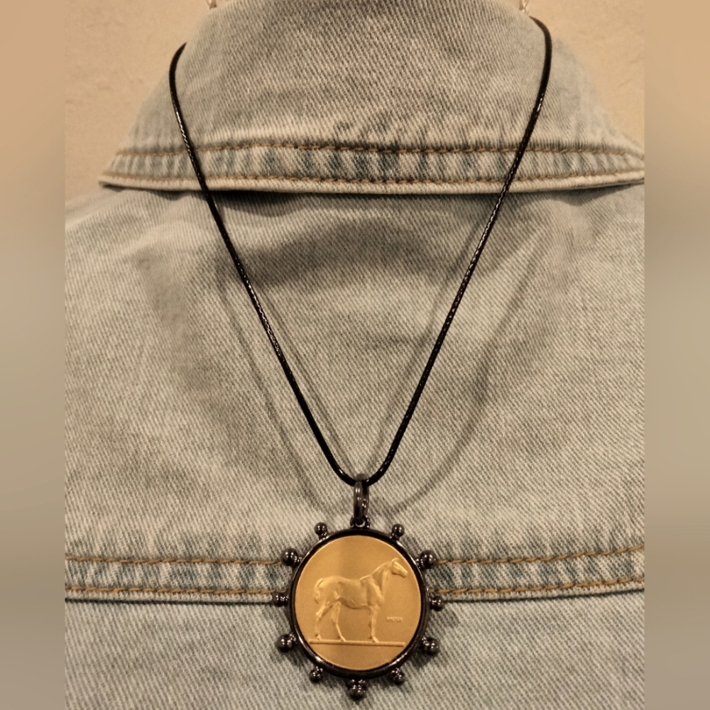 Equestrian 🐎 horse gold coin custom pendant w/gunmetal bezel